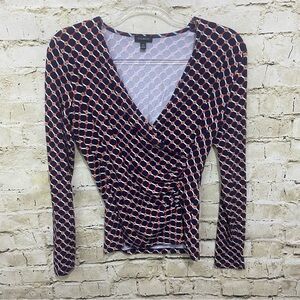 Talbots Blue Red Printed Faux Wrap Soft Top
